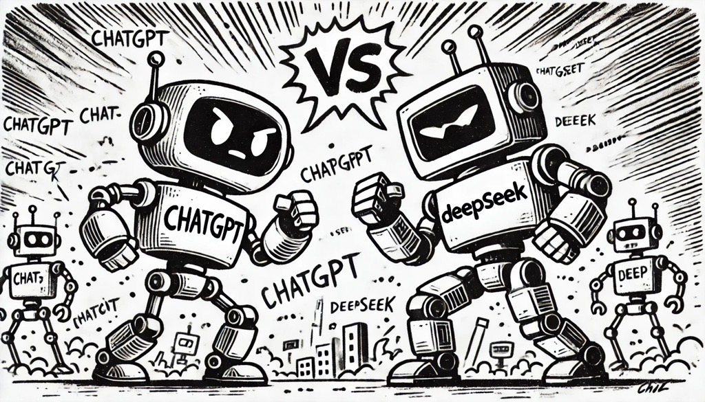 Zwei große Roboter stehen sich kampfbereit gegenüber. Der linke Roboter trägt die Aufschrift „ChatGPT“, der rechte „deepseek“. Beide haben die Arme erhoben und wirken entschlossen, als wollten sie gegeneinander kämpfen. Zwischen ihnen steht in großen Buchstaben „VS“, also „versus“. Im Hintergrund sind kleinere Roboter zu sehen. Rund um die Szene schweben verschiedene Schreibweisen der beiden Namen wie „CHATGPT“ oder „DEEPEEK“. Das Bild ist in einem comicartigen Schwarz-Weiß-Stil.
